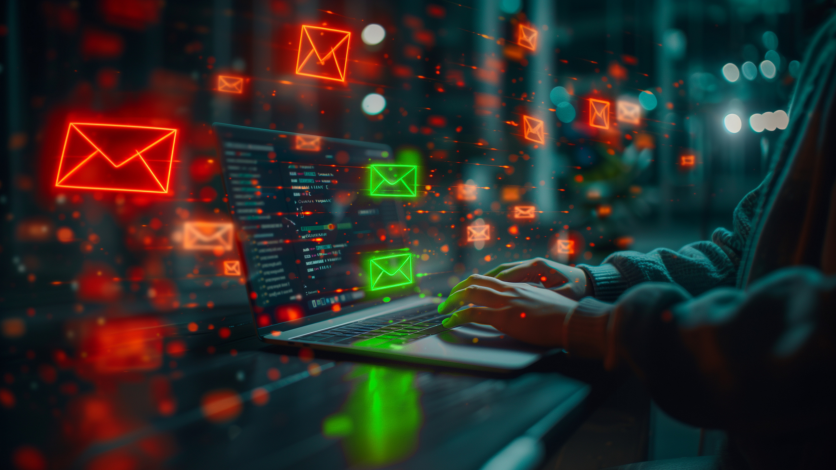 Symbolisches Bild: Sichere Mails (grün) auf dem Laptop und unsichere Mails (rot) in der digitalen Umgebung.