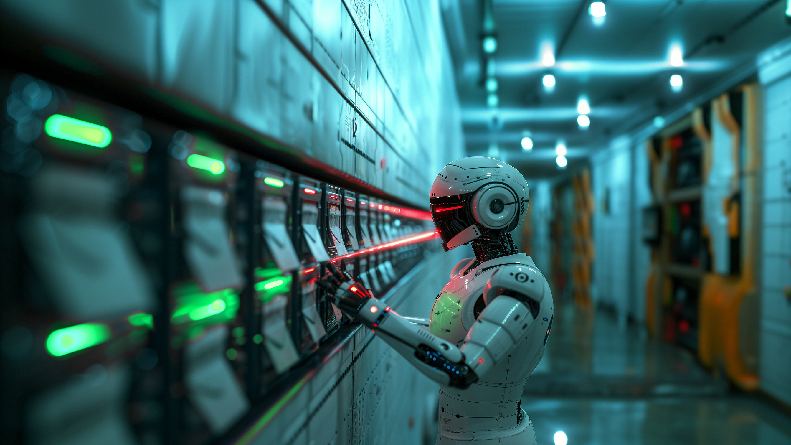 Ein Roboter steht vor einer Schalttafel mit grünen und roten Lichtern.