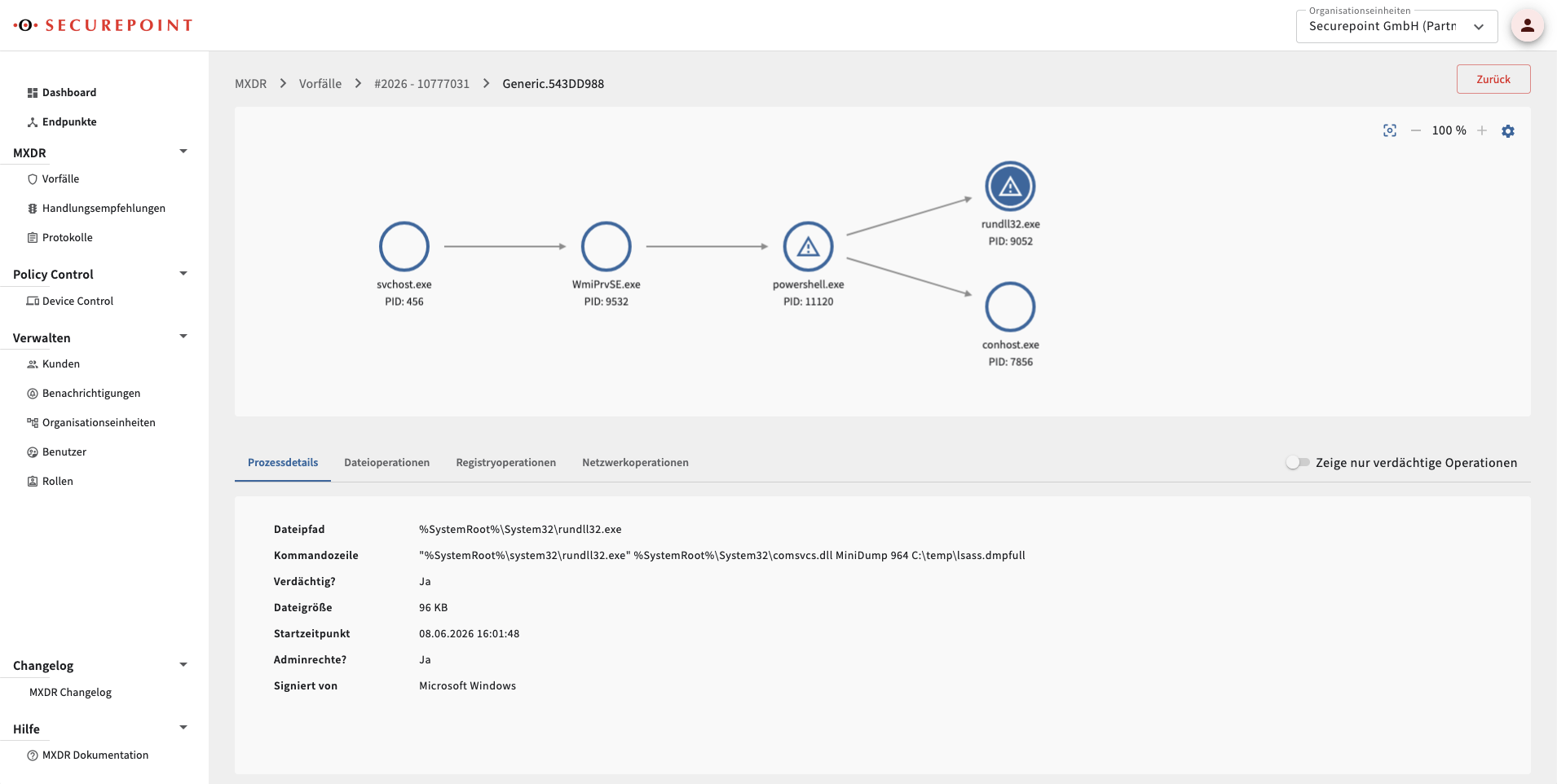 Screenshot: Bedienoberfläche Managed XDR von Securepoint